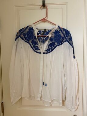 Anthropologie White Blouse with Royal Blue Embroidered Yoke size s